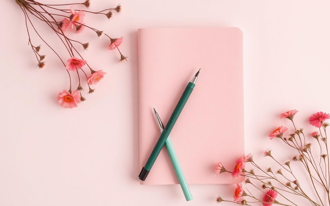 Pink notebook and pen styled with dried flowers