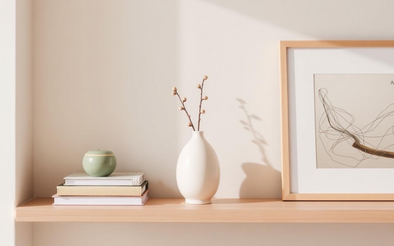 Minimalist shelf with books, vase and framed art