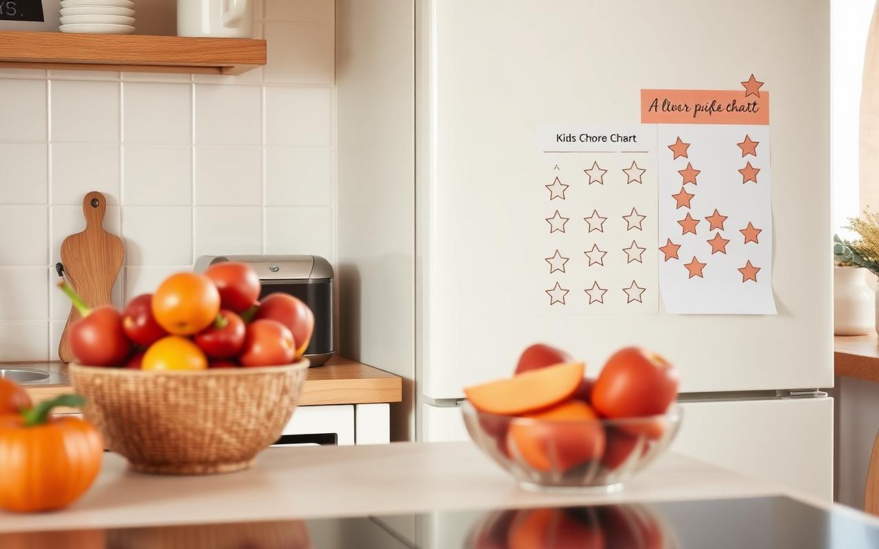 Cozy kitchen with a kids chore chart and star stickers on the fridge