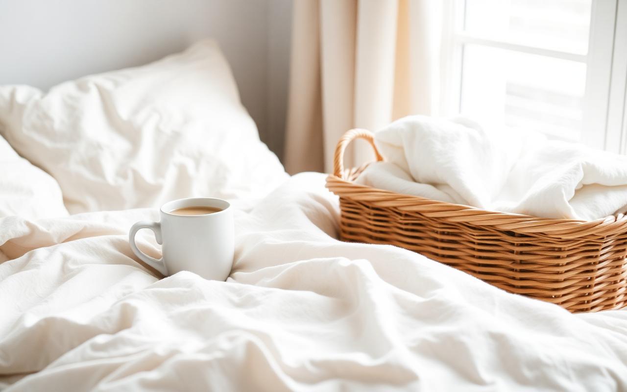 Linen sheets, coffee mug and a basket of fresh laundry by a window