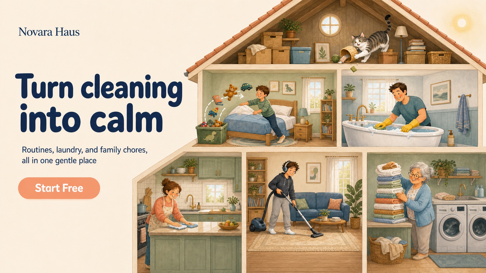 Cutaway watercolor illustration of a family home. A kid makes the bed, dad scrubs the bathtub, mom wipes the kitchen counter, a teen vacuums the living room, grandma stacks folded towels, and the cat tips a basket over in the attic