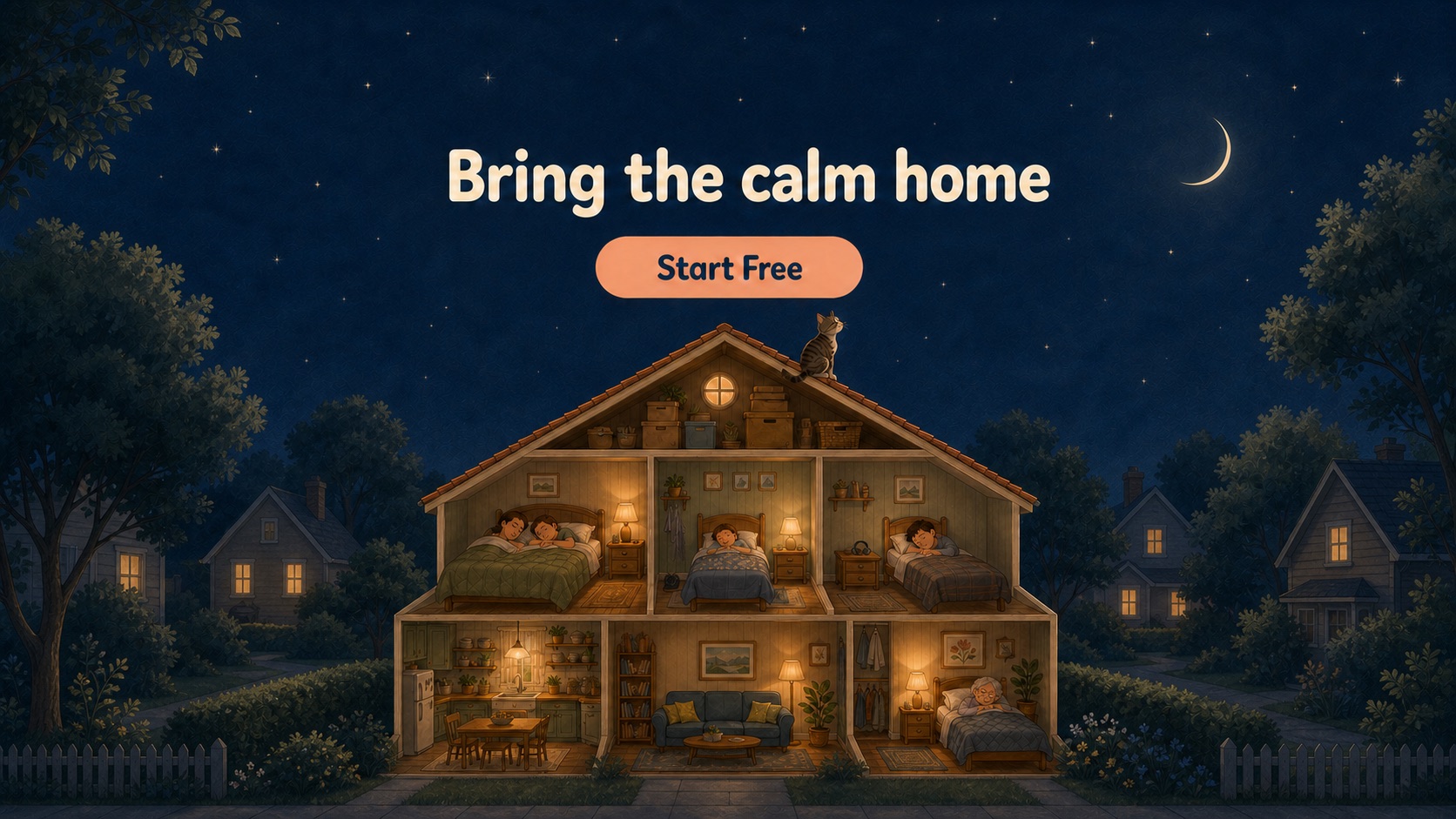 The same house at night with everyone asleep and warm light in the windows, while the cat watches the crescent moon from the roof